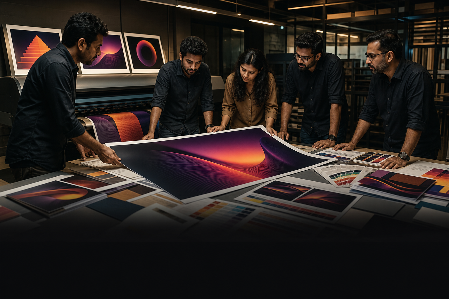 Indian creative team reviewing outdoor and print campaign production