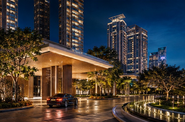 Luxury residential real estate development in Gurugram at blue hour