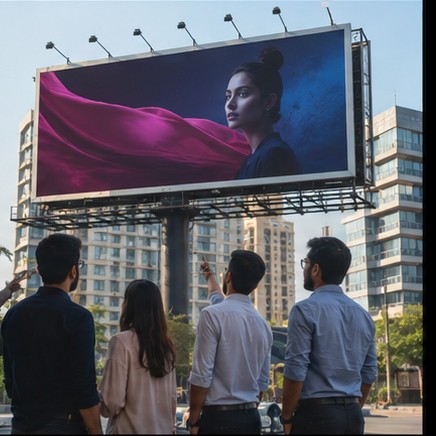 Creative team reviewing a Gurugram outdoor campaign
