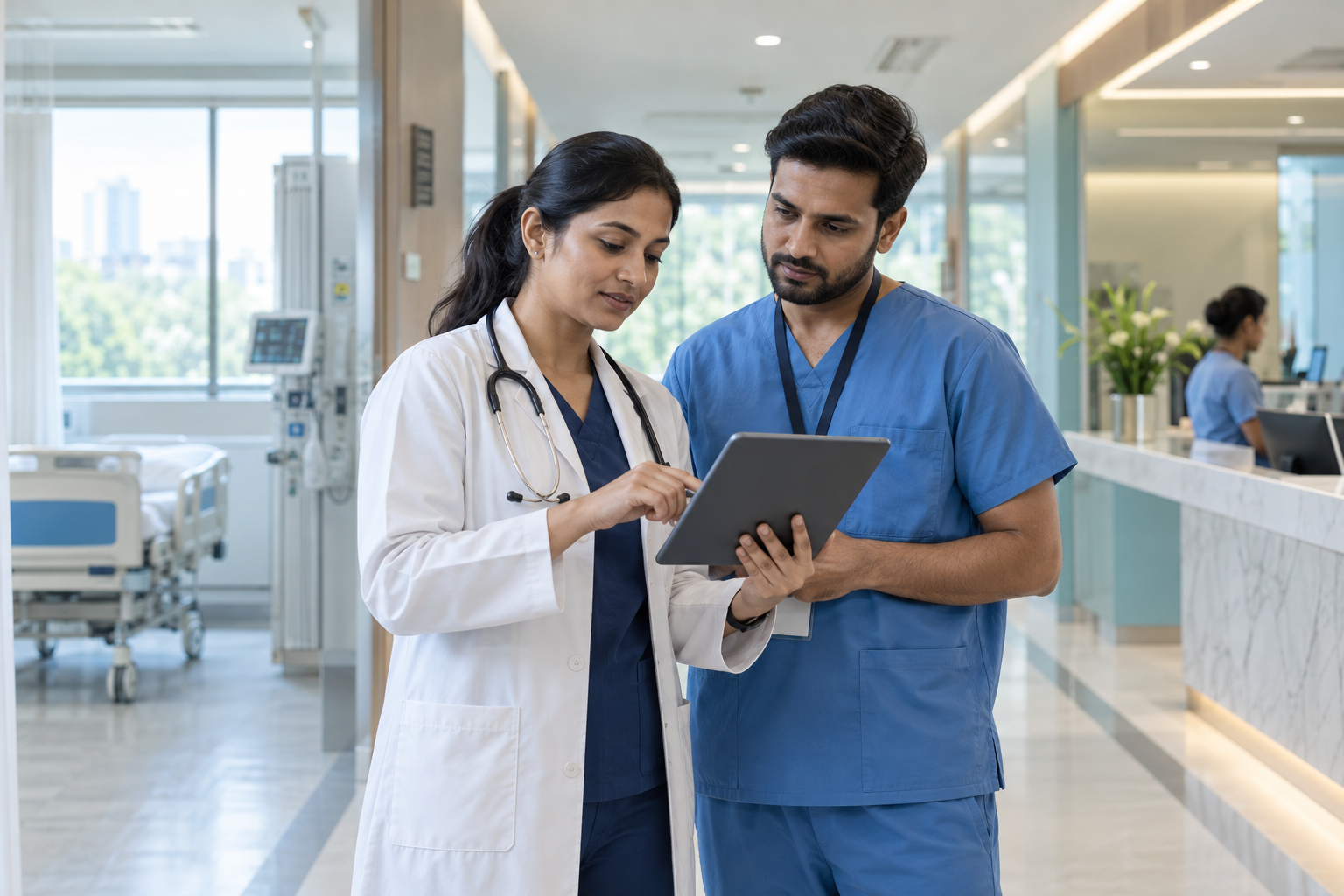 Indian healthcare professionals reviewing a digital patient dashboard in a modern Gurugram hospital