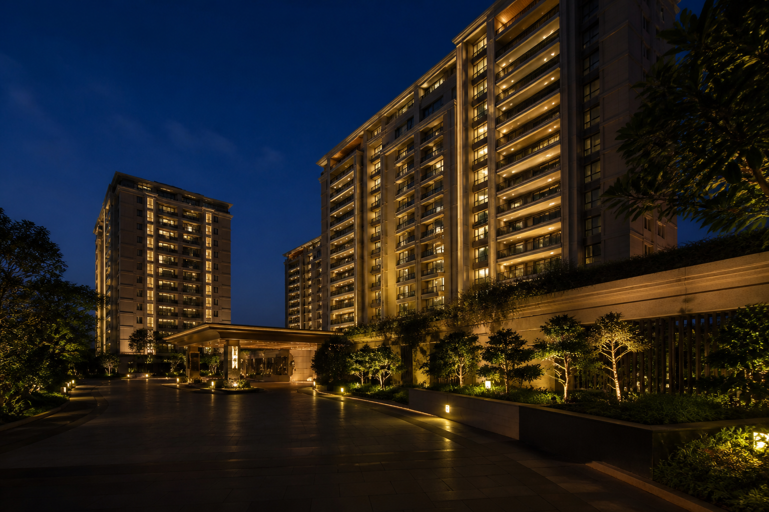 Premium Indian residential real estate development at blue hour