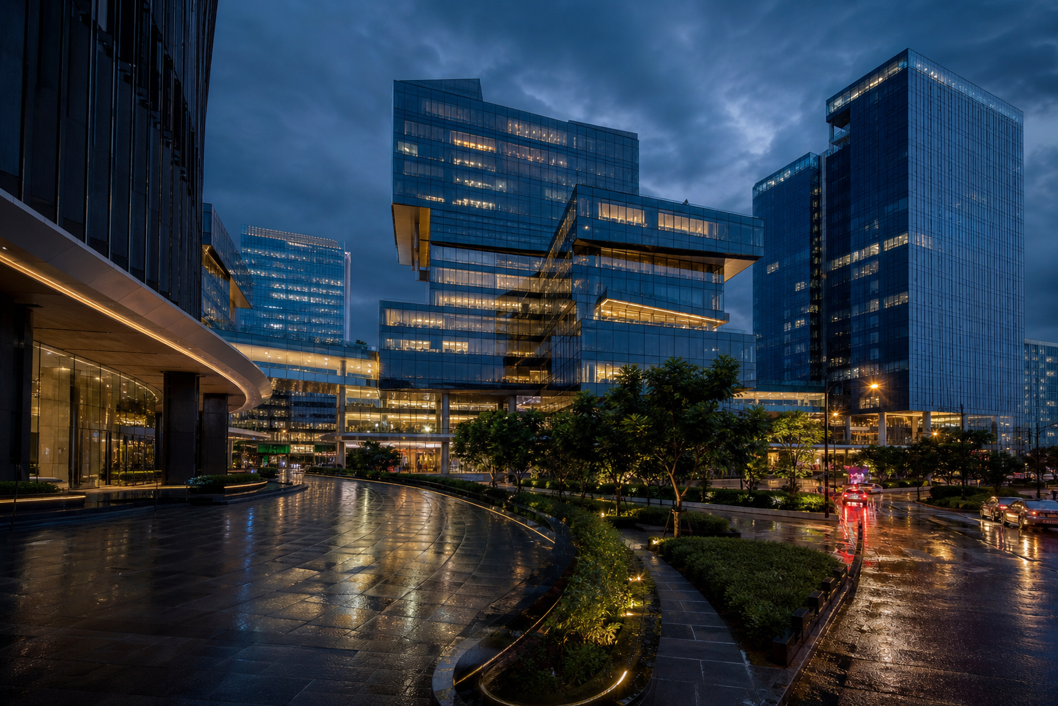 Contemporary mixed-use real estate development in Gurugram at blue hour