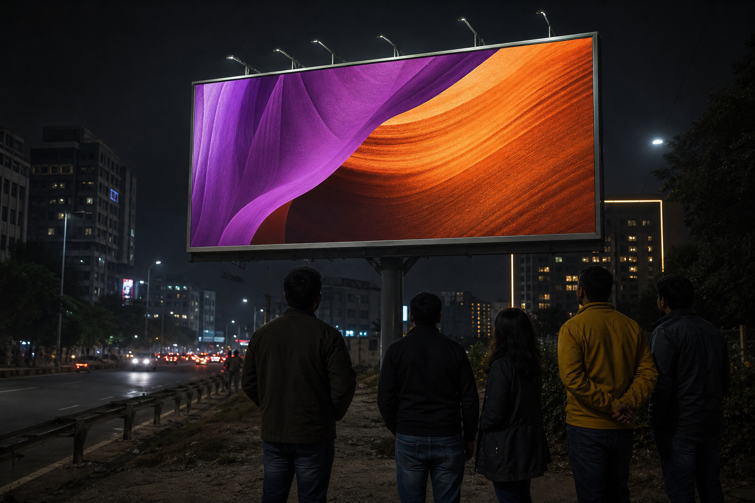 Creative team reviewing an outdoor billboard in Gurugram