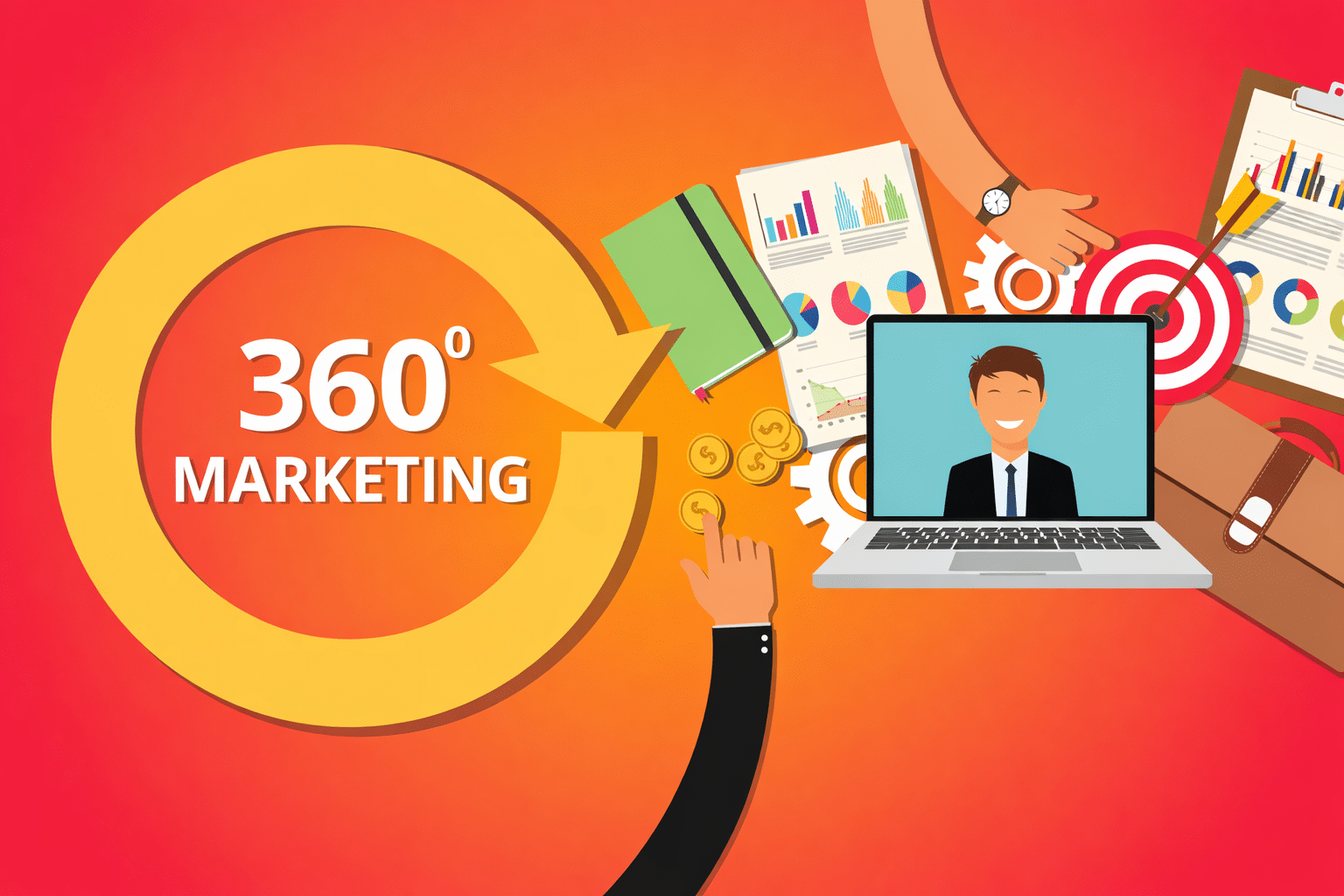 360 degree agency in Gurgaon concept showing integrated marketing strategy with digital and business elements