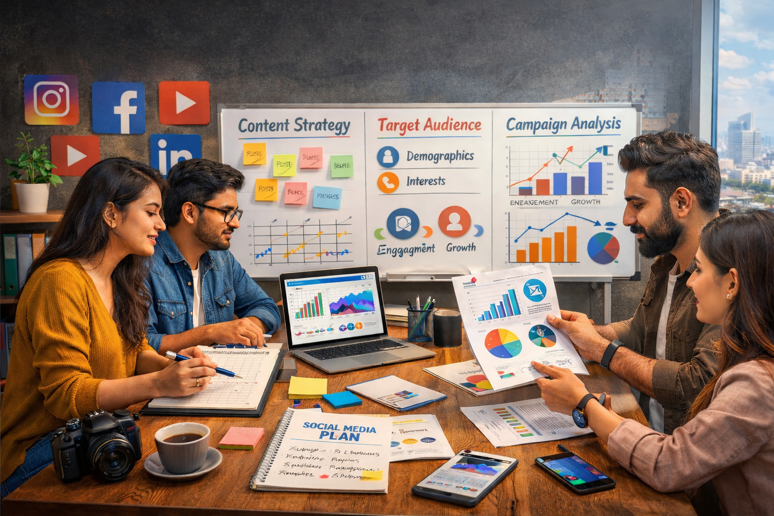 Team discussion at a social media marketing agency in Gurgaon planning content strategy and analysing social media campaign performance