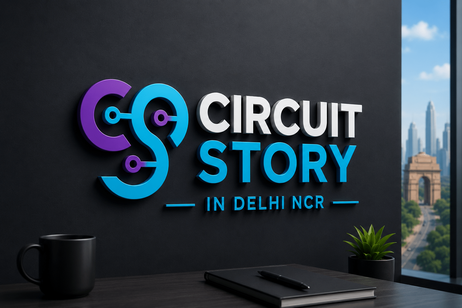 3D Circuit Story logo mockup showcasing modern branding and professional logo design in Delhi NCR