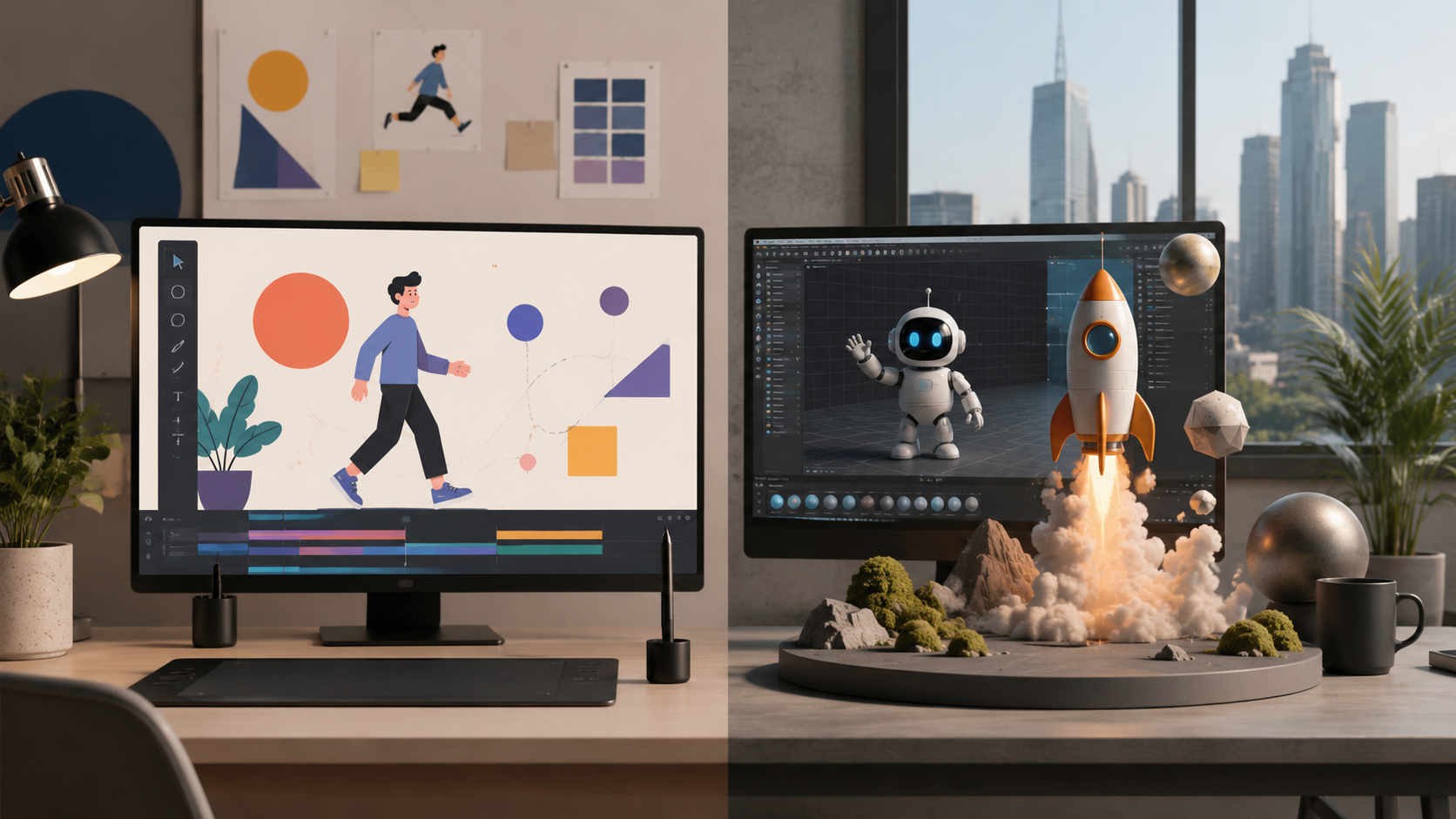 Minimal creative workspace showing 2D and 3D animation concepts by a 3D animation company in Gurgaon