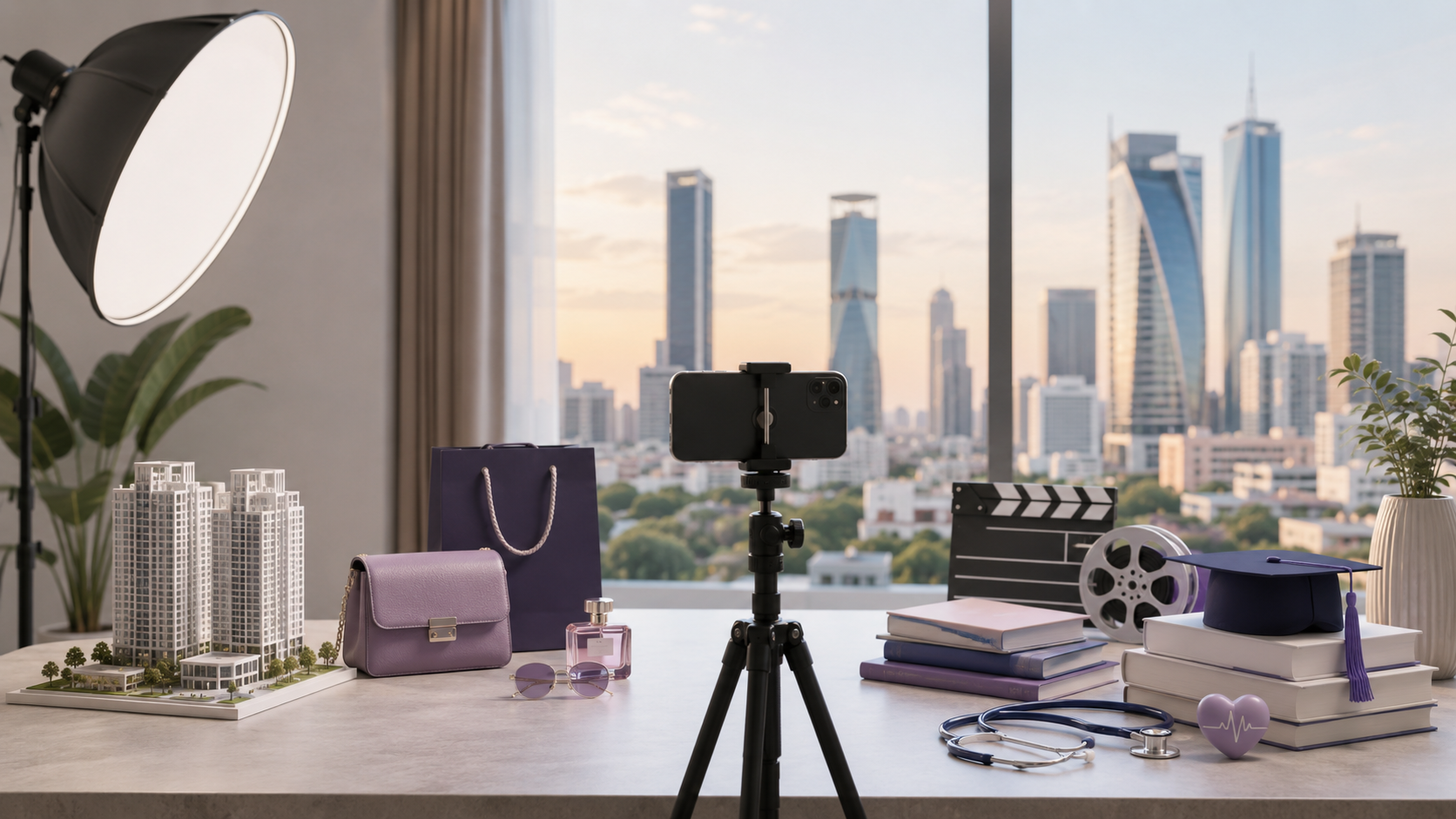 Influencer Marketing Company In Gurgaon with a minimal creator setup and industry visuals for real estate, fashion, entertainment, healthcare and education.