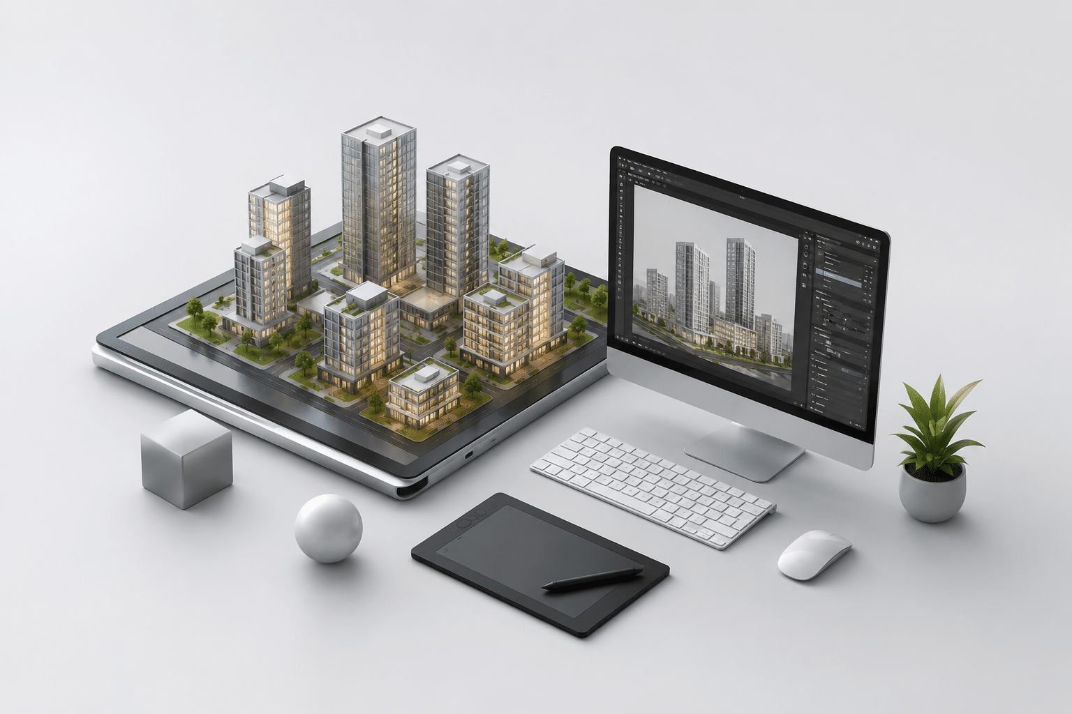 Minimal workspace setup by a 3D animation company in gurgaon featuring architectural visualization and digital rendering screens