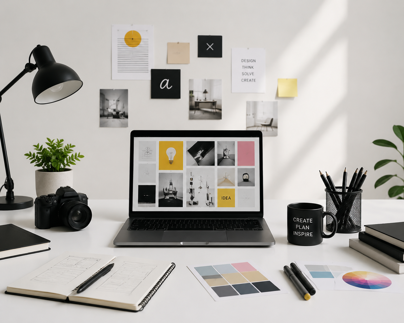Modern workspace representing a creative agency in India with laptop, design tools, and branding elements showcasing branding, design, and visual storytelling