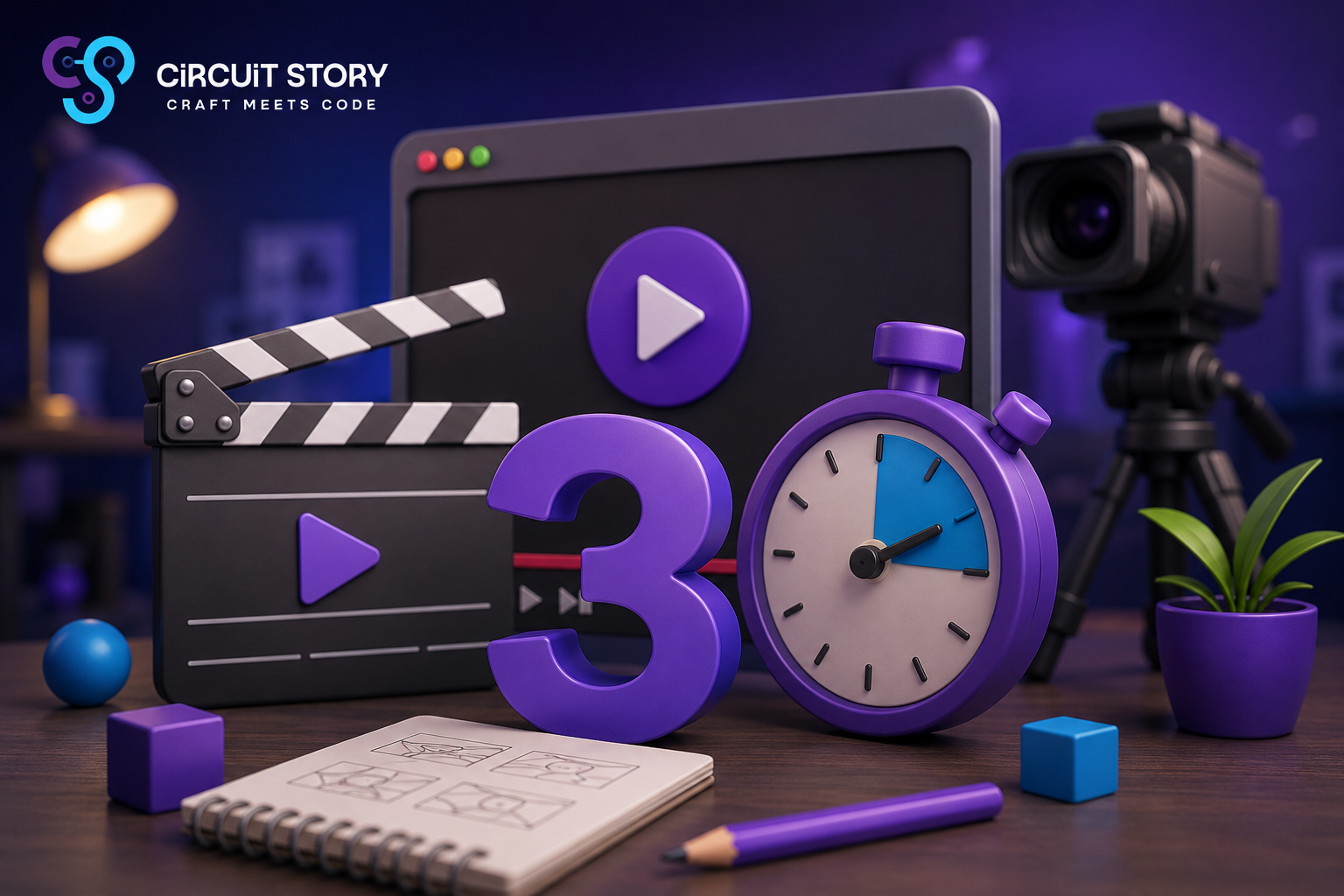 3D creative animation studio scene featuring video production elements and Circuit Story branding, showcasing expertise as the best video & animation company in India.