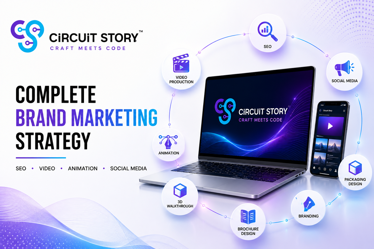 Complete brand marketing strategy by Circuit Story, the best marketing agency in India, showcasing SEO, video production, animation, branding, social media marketing, and 3D walkthrough services.