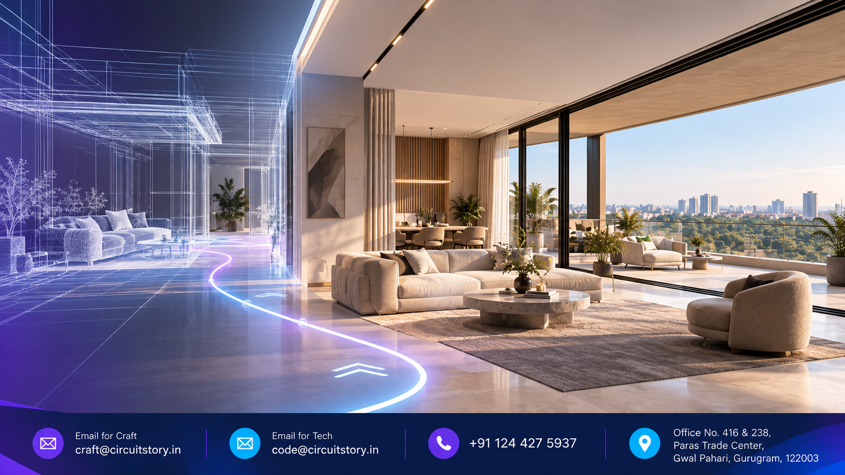3D walkthrough of a luxury real estate interior with digital blueprint visualization