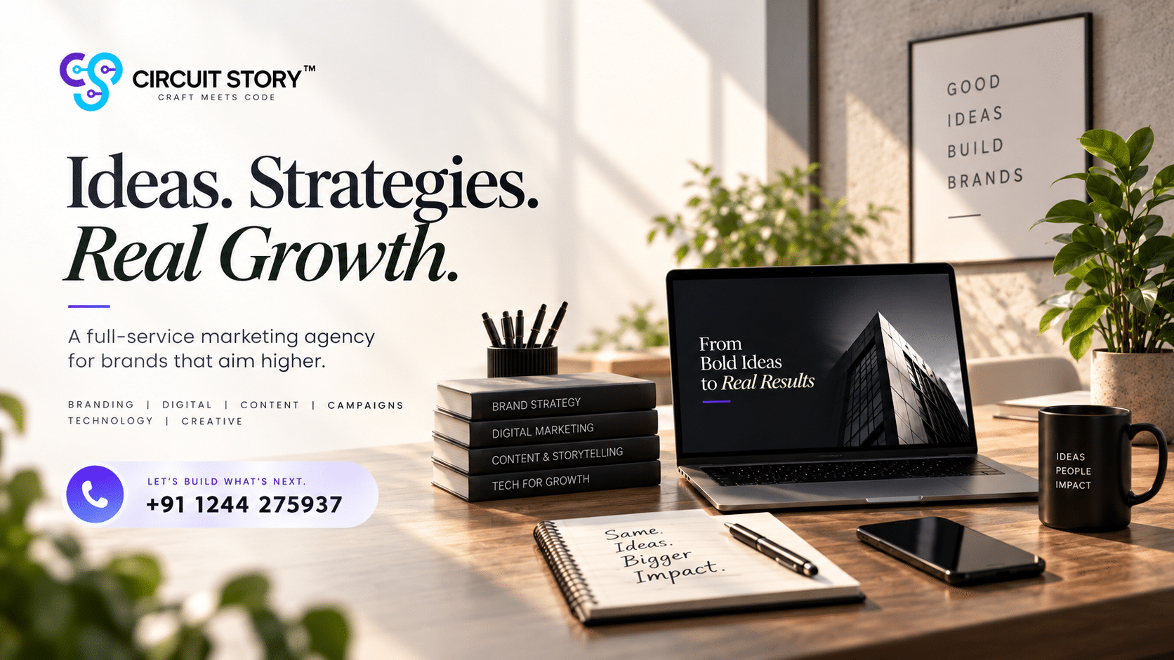 Marketing agency workspace showing branding strategy, digital marketing, creative campaigns and business growth by Circuit Story.