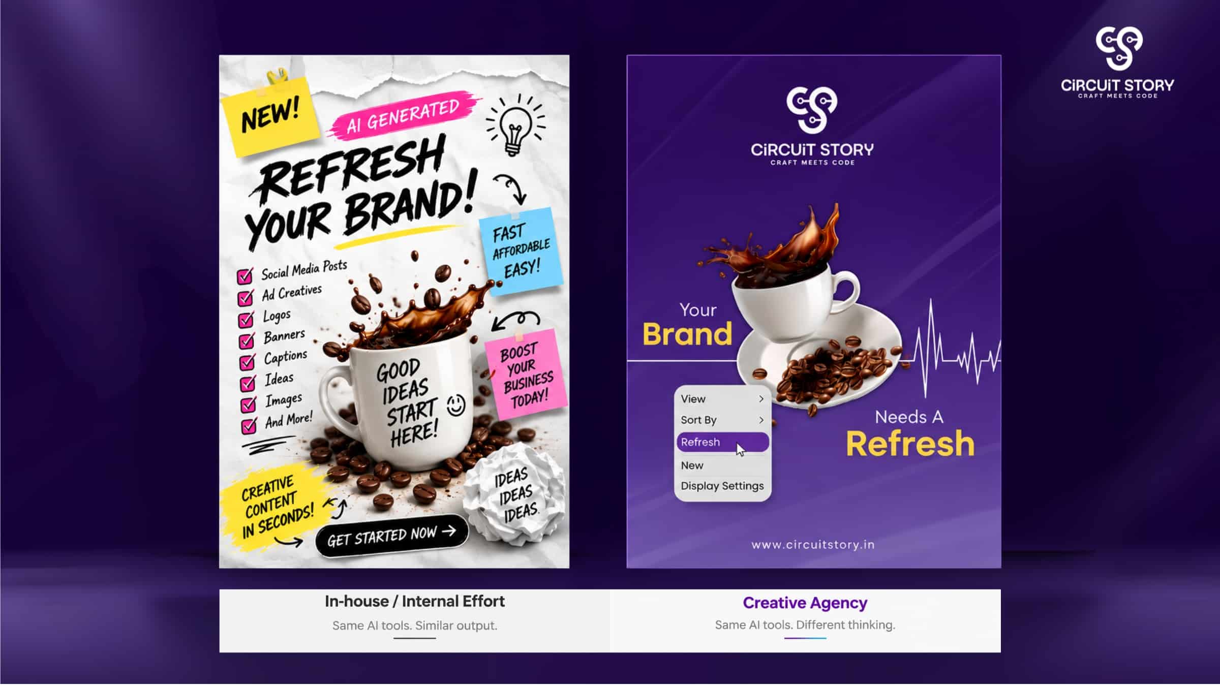 In-house AI creative vs creative agency comparison showing similar AI tools producing different branding results for Circuit Story.