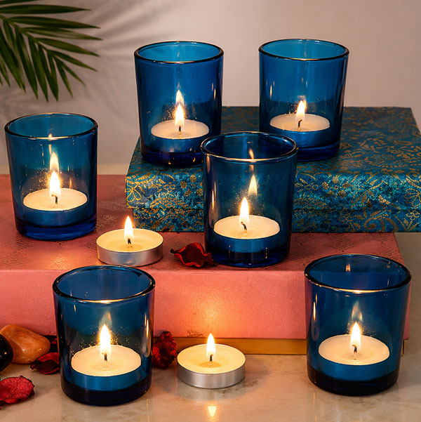 Blue Glass Tealight Set