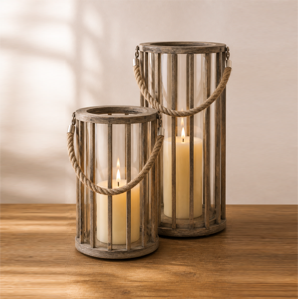 Rustic Rope Lantern Pair